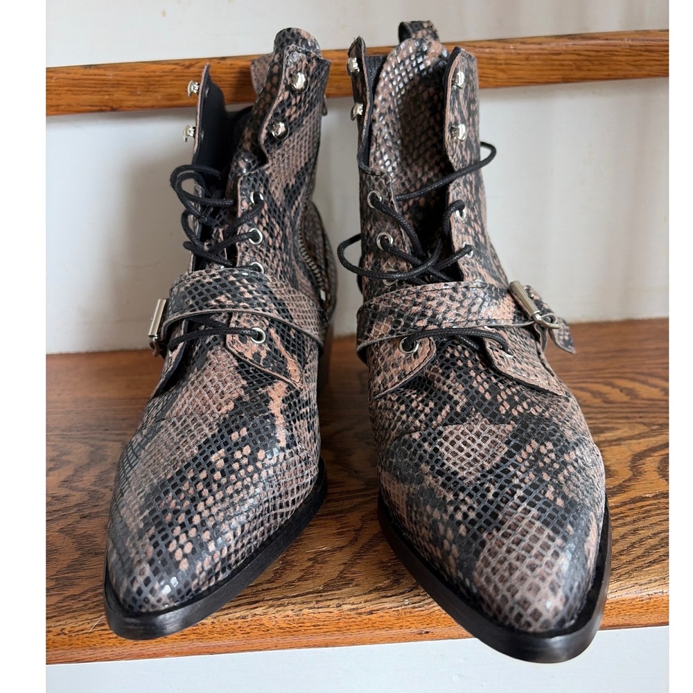AllSaints Katy Snakeskin Leather Buckle Boots Brown Black Pointed Toe Size 40 - Picture 4 of 7